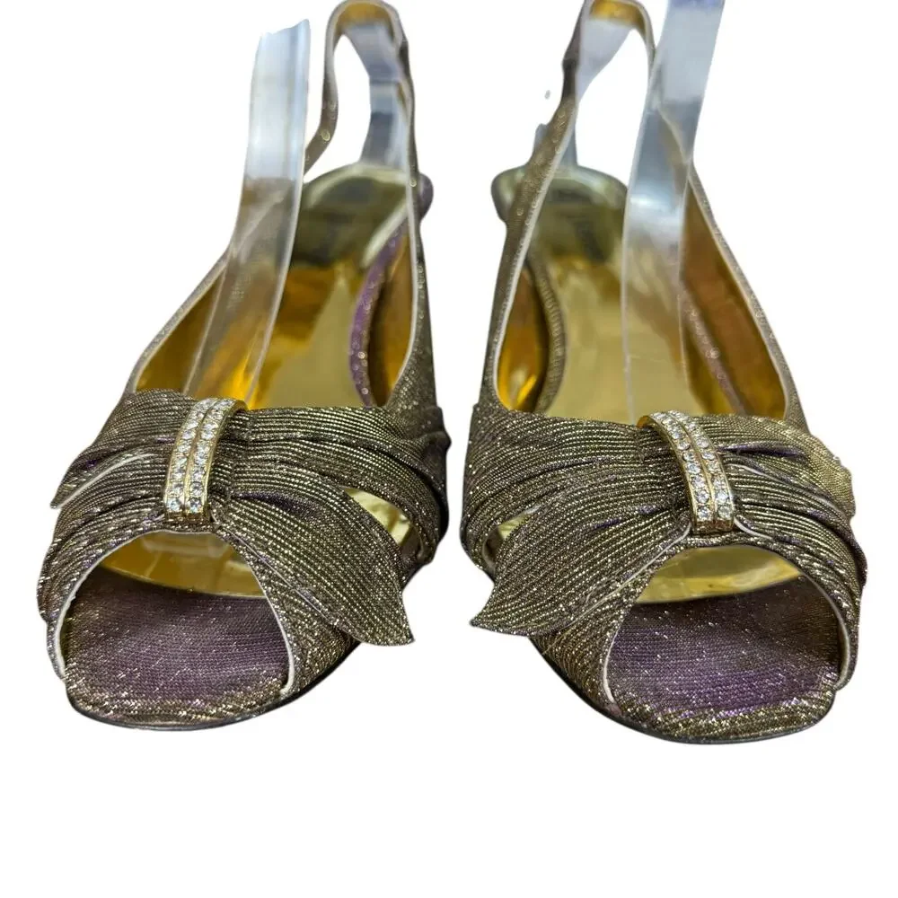 J Renee Metallic Gold Purple Slingback Peep Toe Heels Shoes Leather Sole sz 11